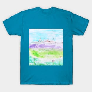 Summer landscape, valley, beautiful nature. Encaustic, art decoration, sketch. T-Shirt